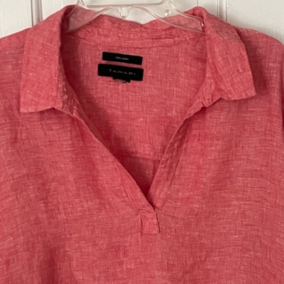 TAHARI 100% Linen Tunic Top Muted Red Split V  Lagenlook Boho Casual Plus Size - Picture 2 of 11